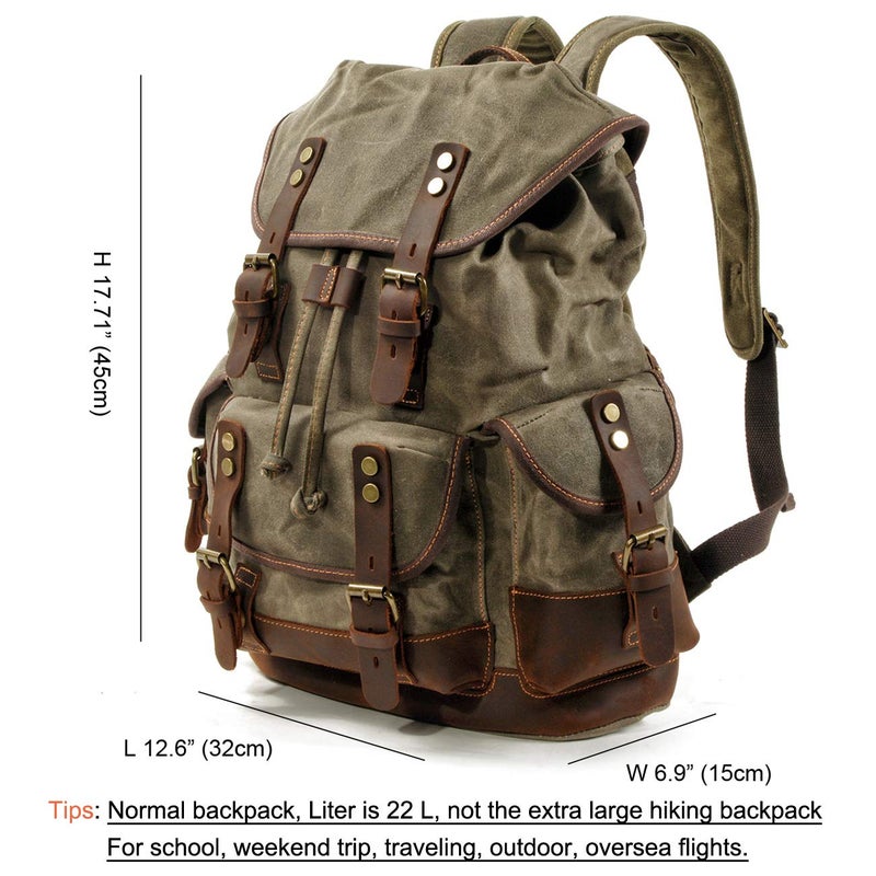 WUDON Men Travel Backpack, Genuine Leather-Waxed Canvas Shoulder Hiking Rucksack (Green) - Image 3